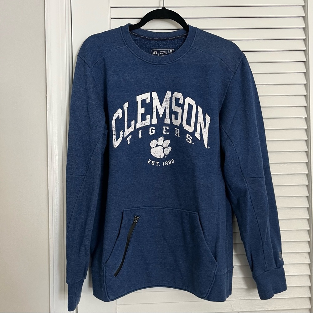 Clemson crew neck sweatshirt, blue with white letters
